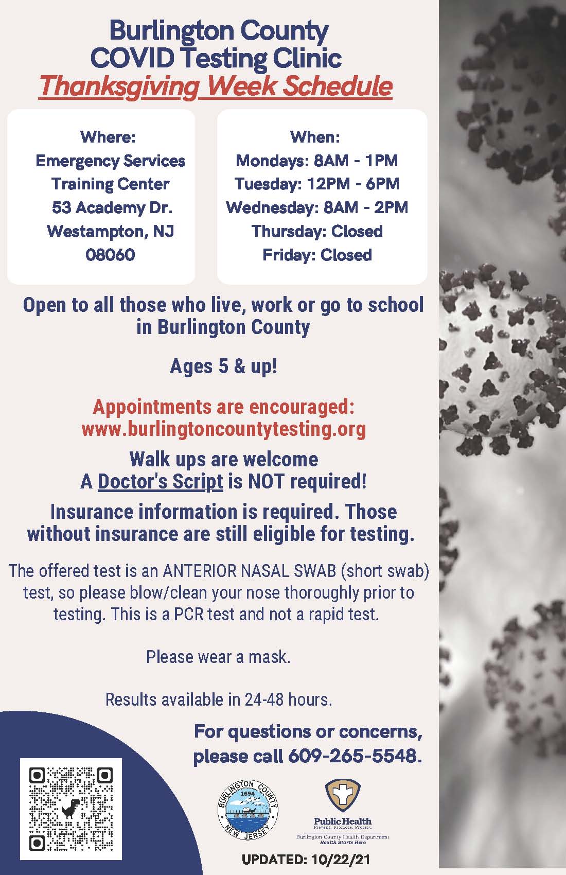 COVID-19 Testing Schedule for Thanksgiving Week