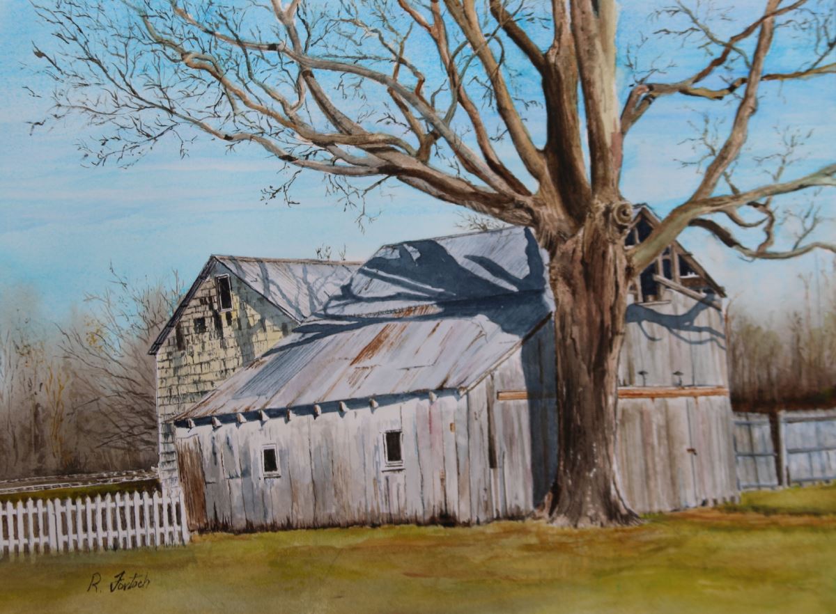 Watercolor painting of a barn
